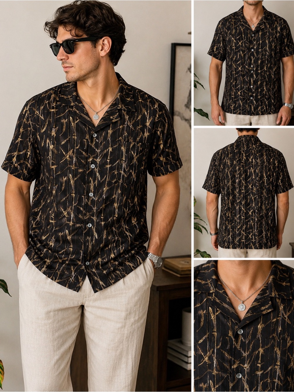 Van Heusen Men’s Large Abstract Print Short Sleeve Button Up Resort Shirt Y2K